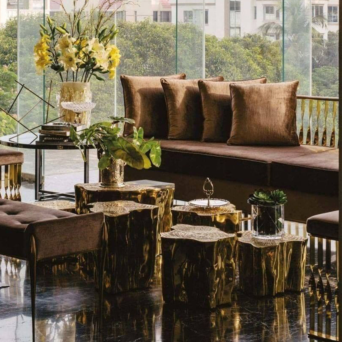 Luxury Curved Velvet Sofa with Gold Accent Base & Sculptural Modern Design