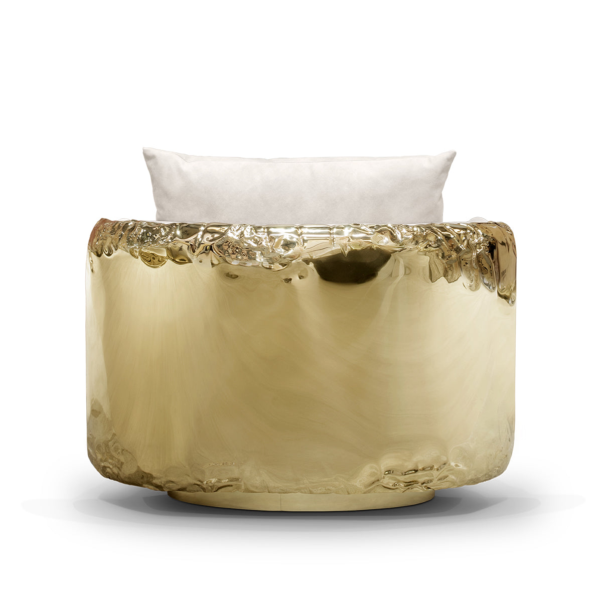 Luxury Imperfect Sculptural Armchair with Swivel Base & Hammered Brass Round Design