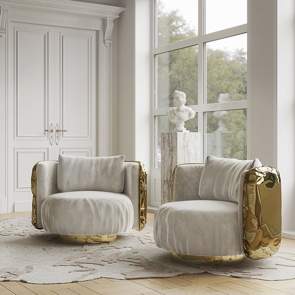 Luxury Imperfect Sculptural Armchair with Swivel Base & Hammered Brass Round Design