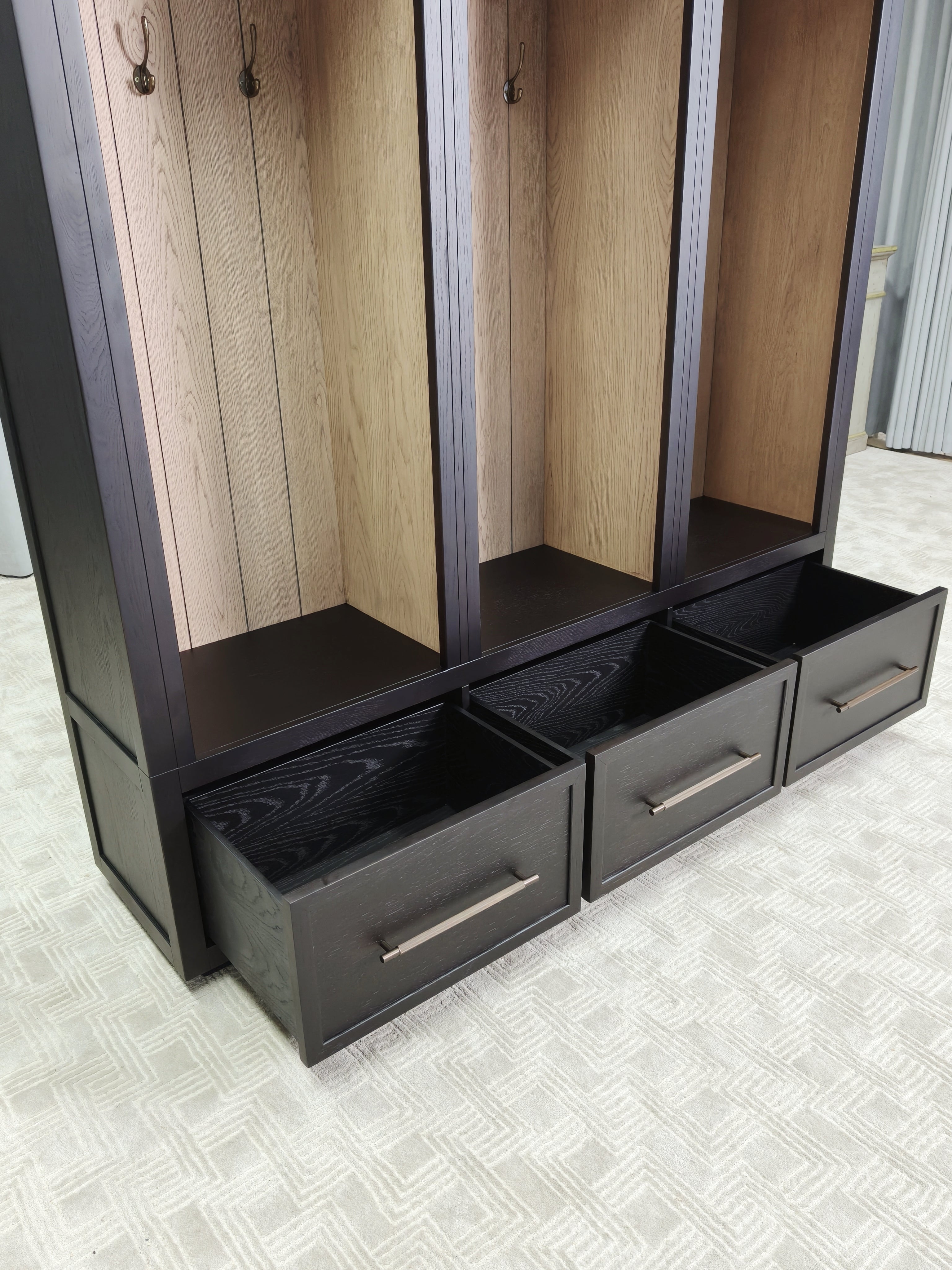 Hattie Solid Oak Wood Entryway Cabinet Tall Storage Cabinet with Hooks & Drawers