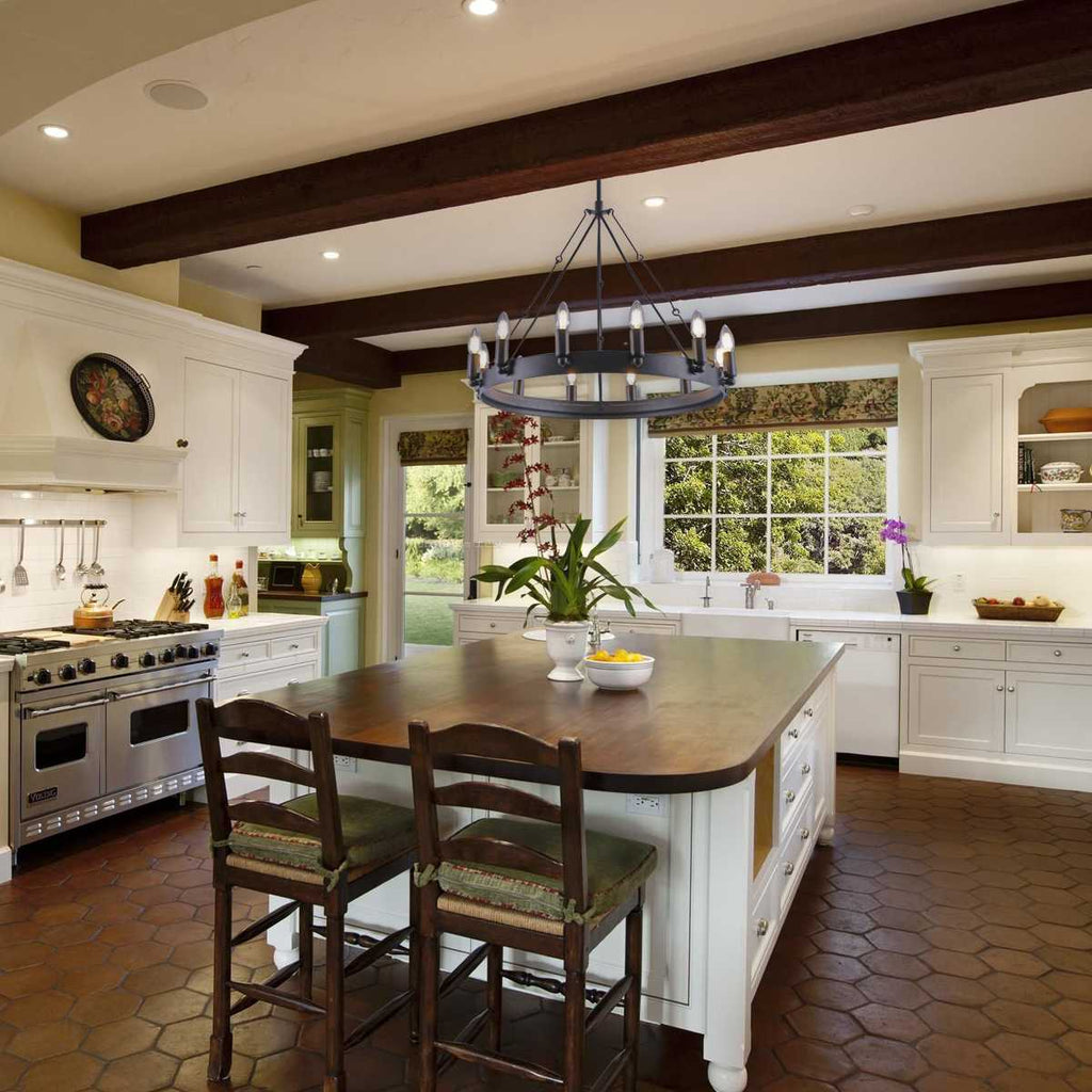 Rustic 25.6×25.6×19.7 inch Eight-Light Black Wrought Iron Chandelier with 39.4 inch Hanging Chain – Vintage Farmhouse Lighting Fixture