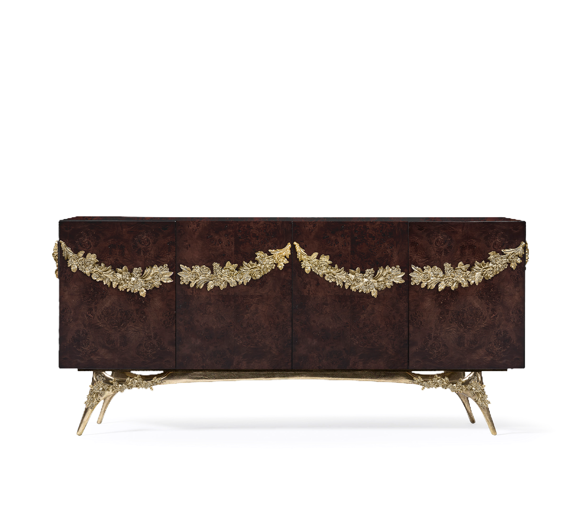 Luxury Walnut Burl Sideboard Buffet Cabinet with Hand-Carved Floral Doors & Storage