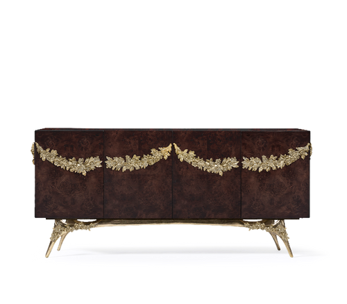 Luxury Walnut Burl Sideboard Buffet Cabinet with Hand-Carved Floral Doors & Storage