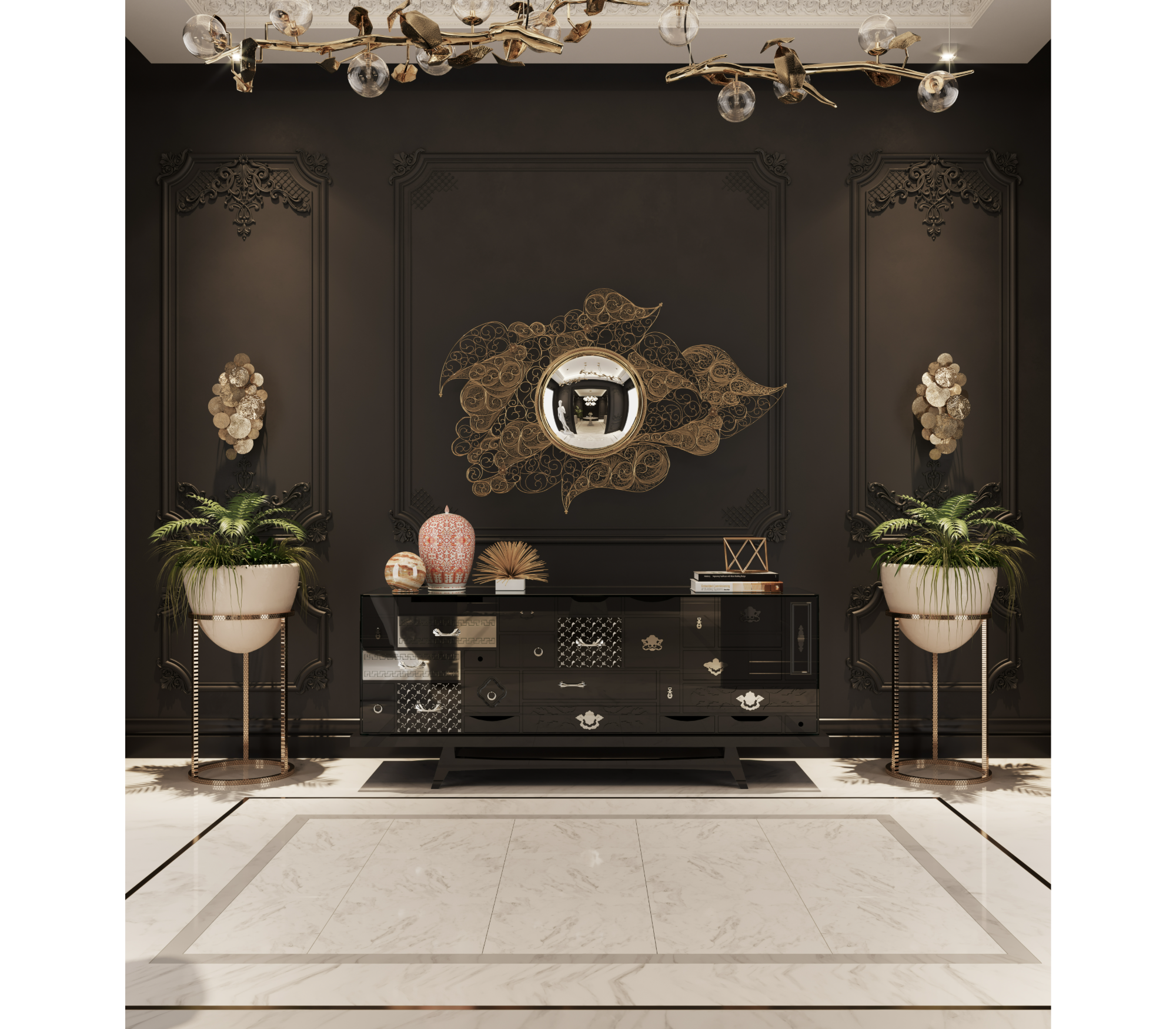 Luxury Black Sideboard Cabinet with Geometric Design & Hidden Storage