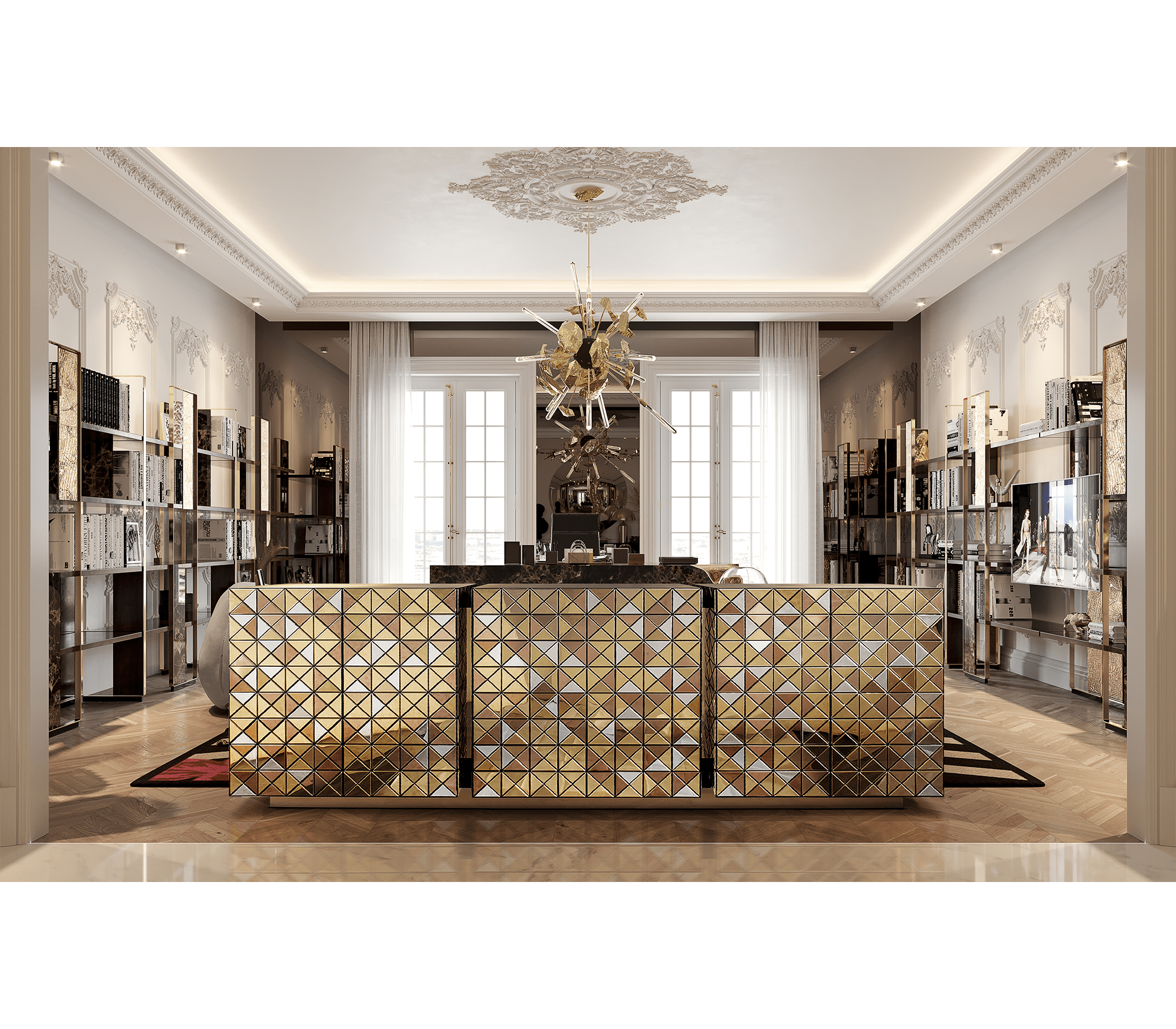 Luxury Anodized Metal Sideboard Cabinet with Pixel-Inspired Design & Hidden Storage