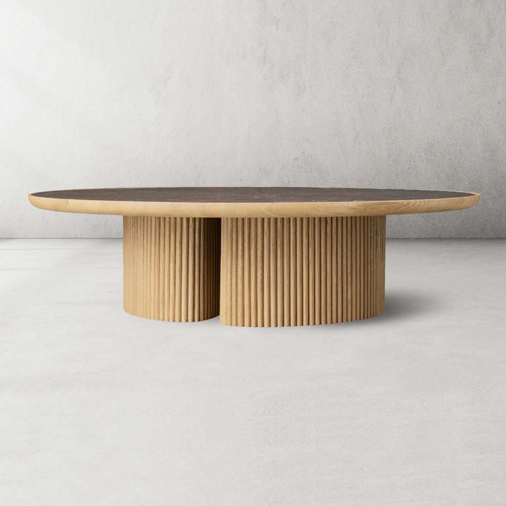 Astor Round Coffee Table Marble Top Oak Wood Base Sofa Center Tea Table