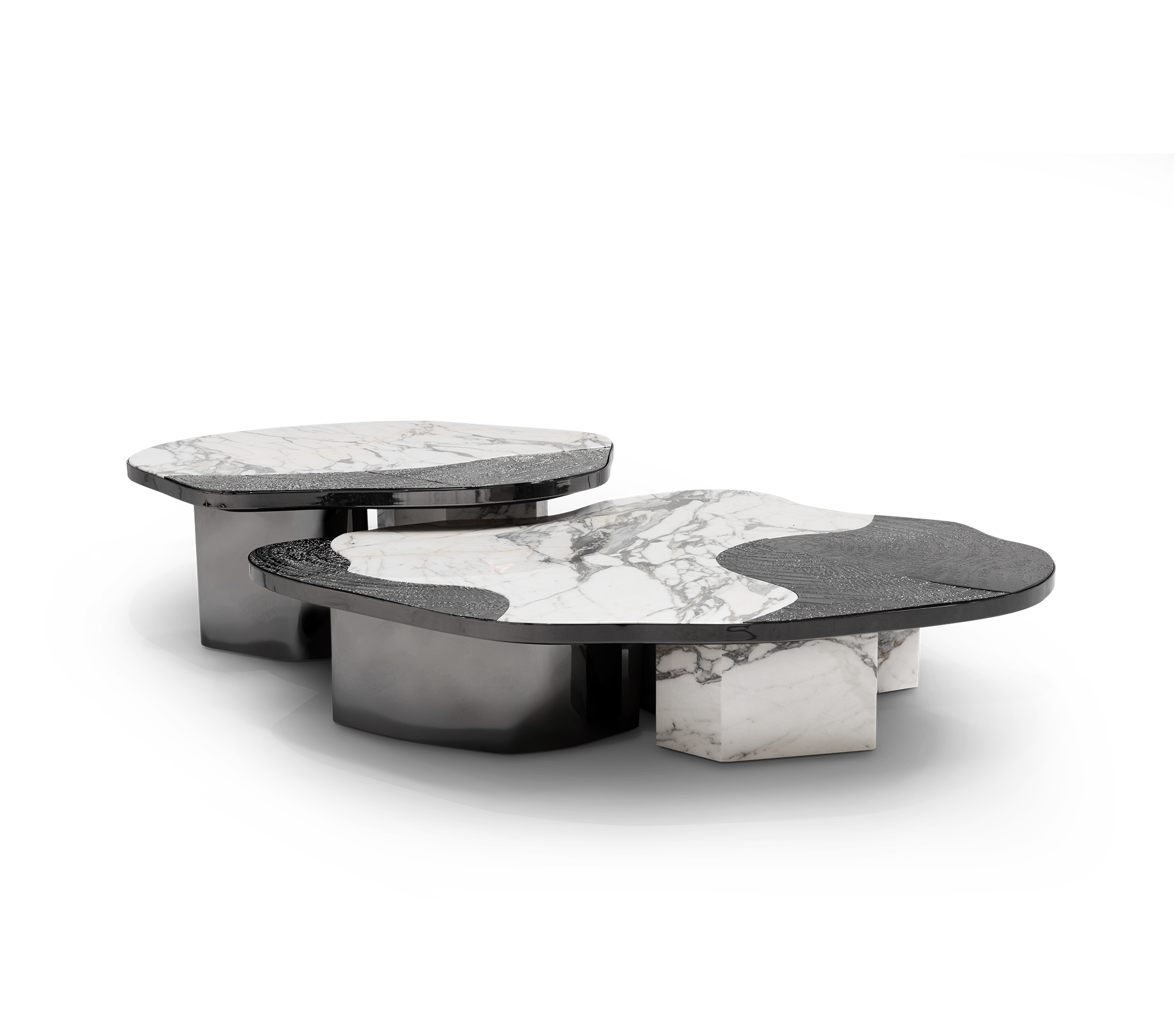 Luxury Calacatta Marble Coffee Table with Black Sculptural Base & Modern Design