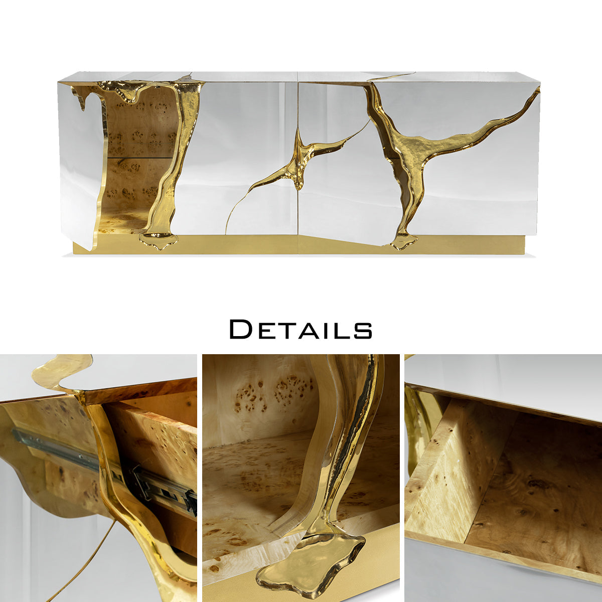 Luxury Black Gold Sideboard Cabinet with Sculptural Cracked Design
