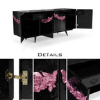 Luxury Black Sideboard Buffet Cabinet with Floral Carved Details & Storage