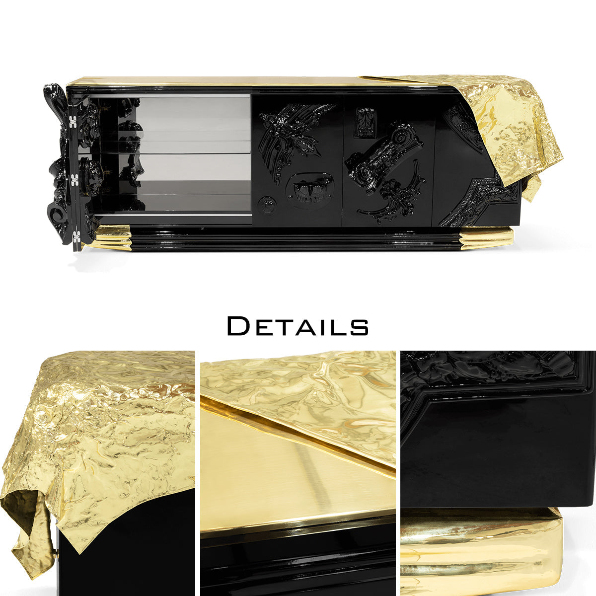 Luxury Black Sideboard Buffet Cabinet with Gold Leaf Details & Hidden Storage