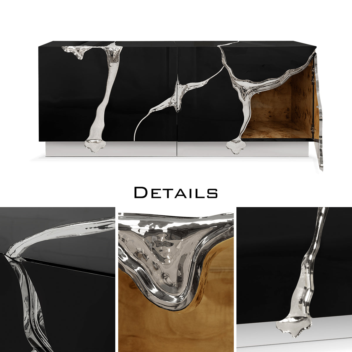 Luxury Black Gold Sideboard Cabinet with Sculptural Cracked Design