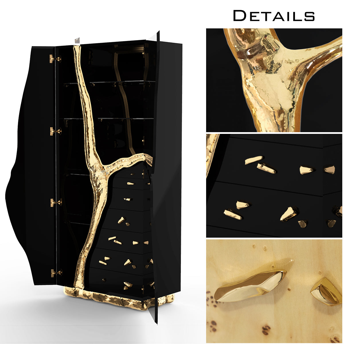 Luxury Walnut Display Cabinet with Sculptural Brass Accents & Hidden Storage