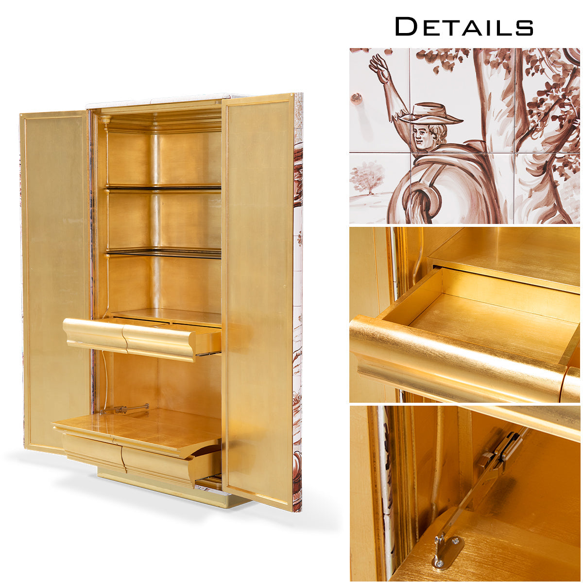 Luxury Display Cabinet with Hand-Painted Tile Artwork, Glass Shelves & Storage