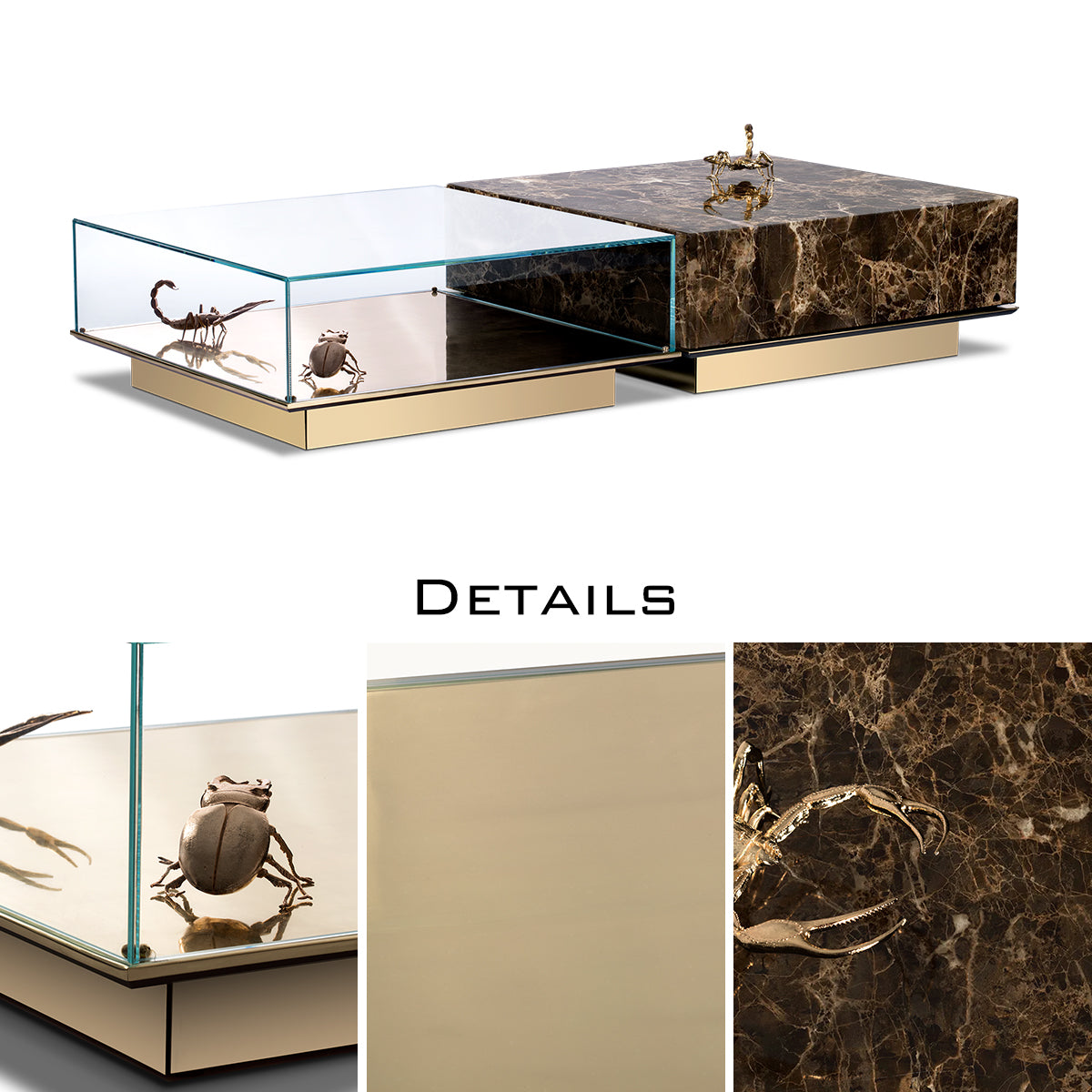Luxury Coffee Table Set with Marble, Glass & Sculptural Gold Brass Design