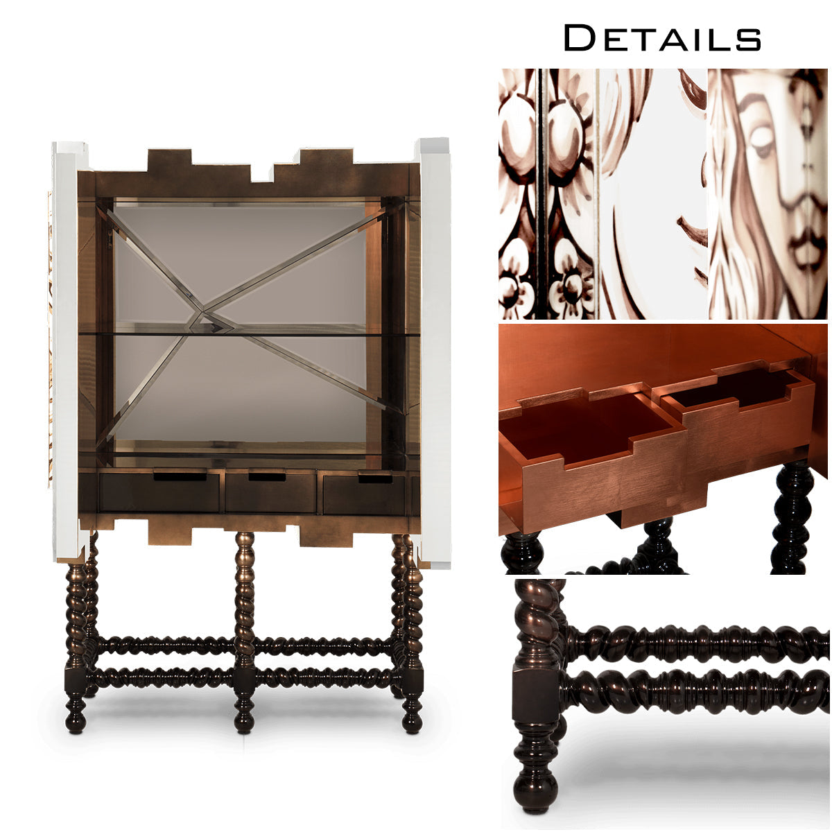Luxury Hand-Painted Tile Cabinet with Mirrored Details & Collector Storage