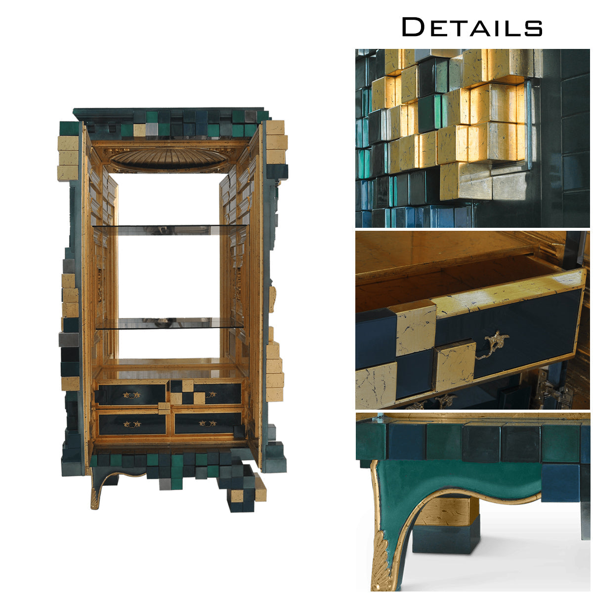 Luxury Display Cabinet with Geometric Pixel Design, Glass Shelves & Storage