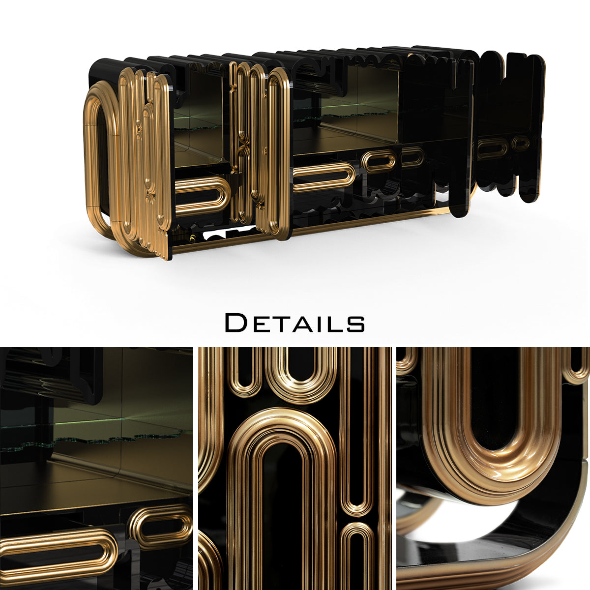 Luxury Gold Sideboard Buffet Cabinet with Sculptural Metal Design & Hidden Storage