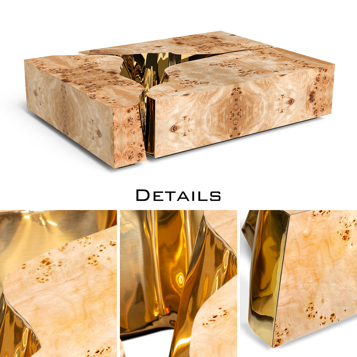 Luxury Coffee Table with Cracked Brass Sculptural Base & Smoked Glass Top