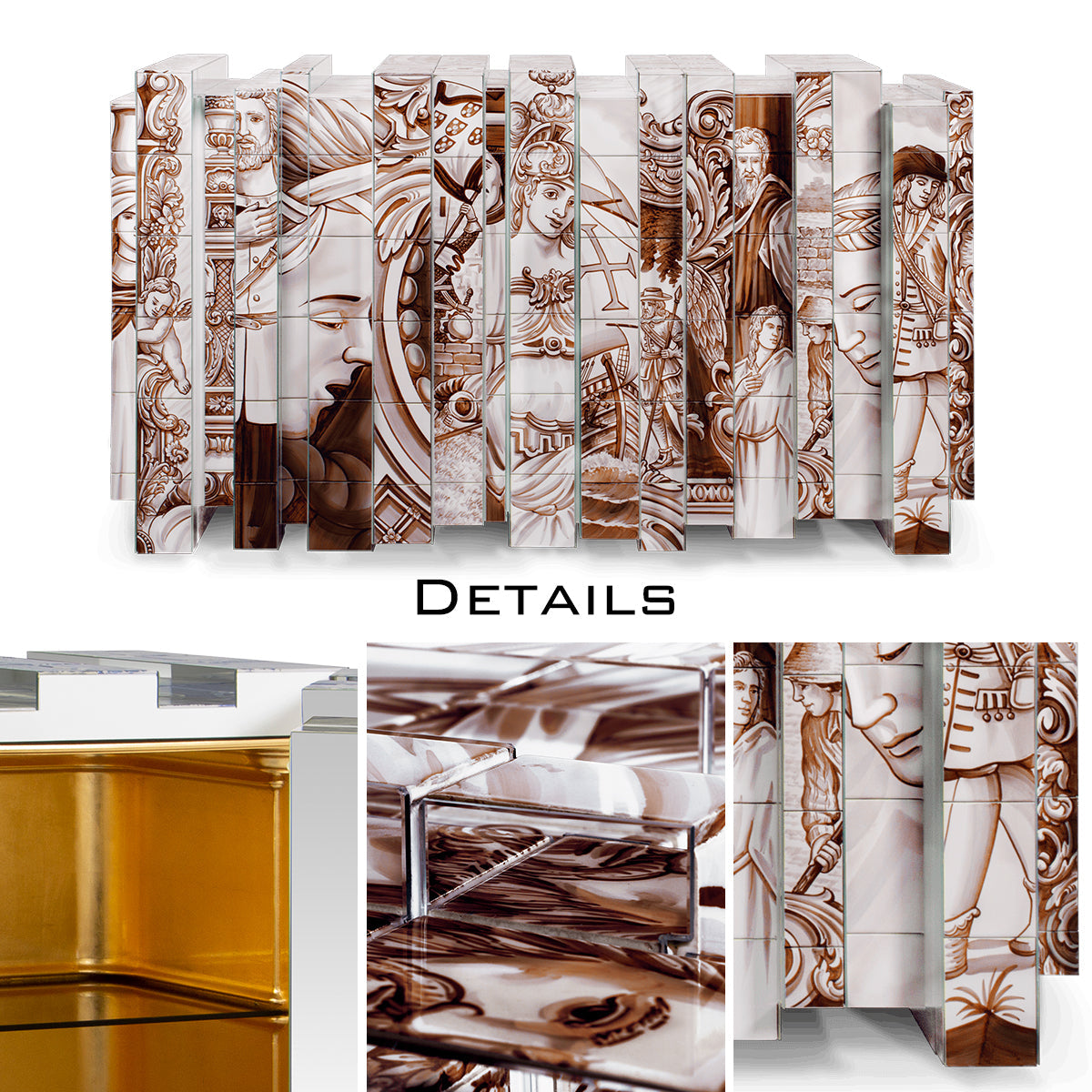 Luxury Hand-Painted Tile Sideboard Cabinet with Vintage Artwork & Hidden Storage