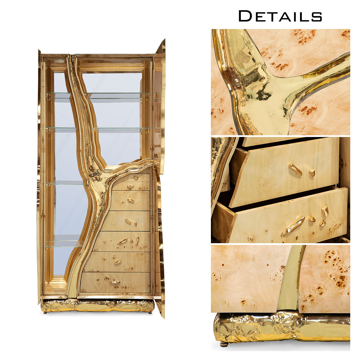 Luxury Walnut Display Cabinet with Sculptural Brass Accents & Hidden Storage