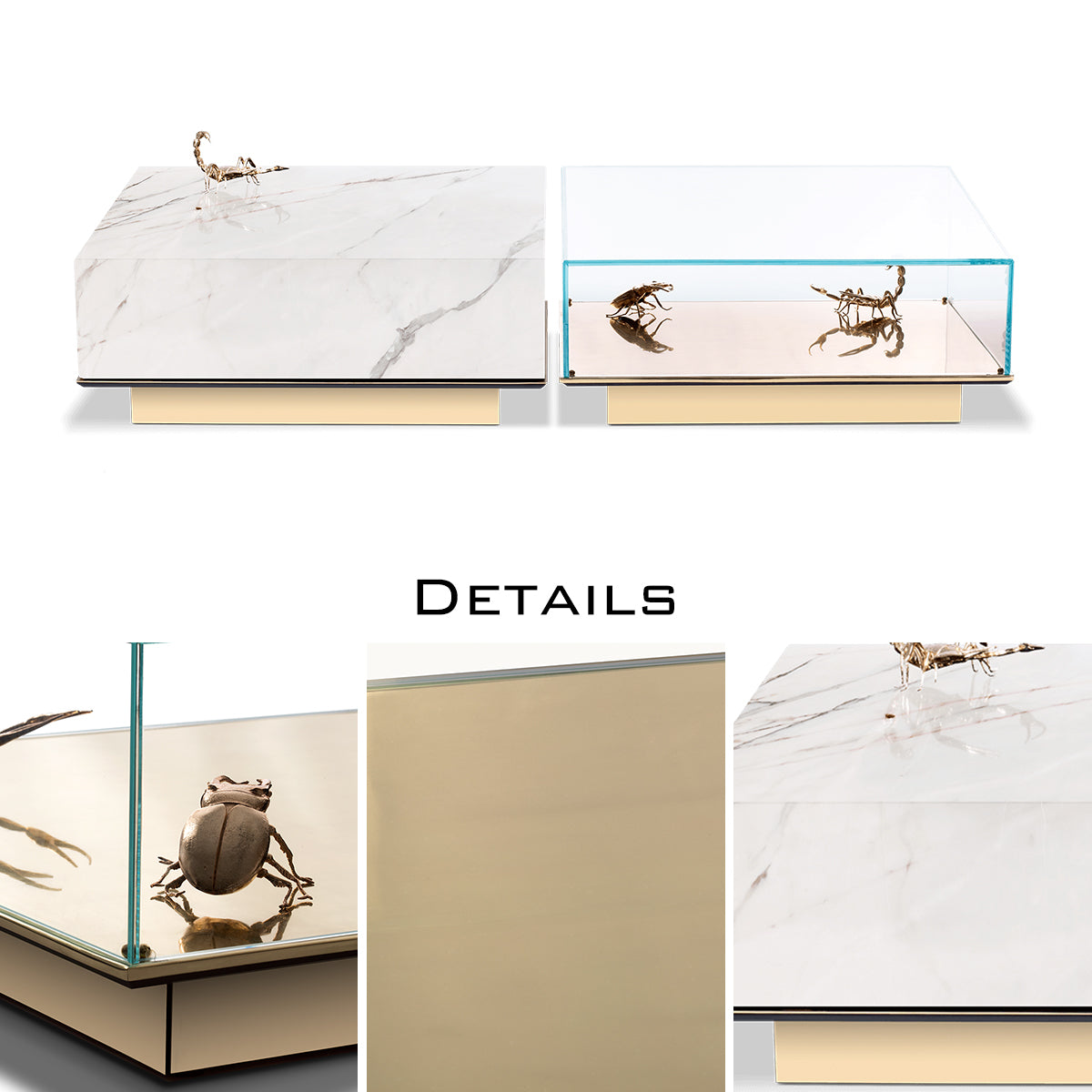 Luxury Coffee Table Set with Marble, Glass & Sculptural Gold Brass Design
