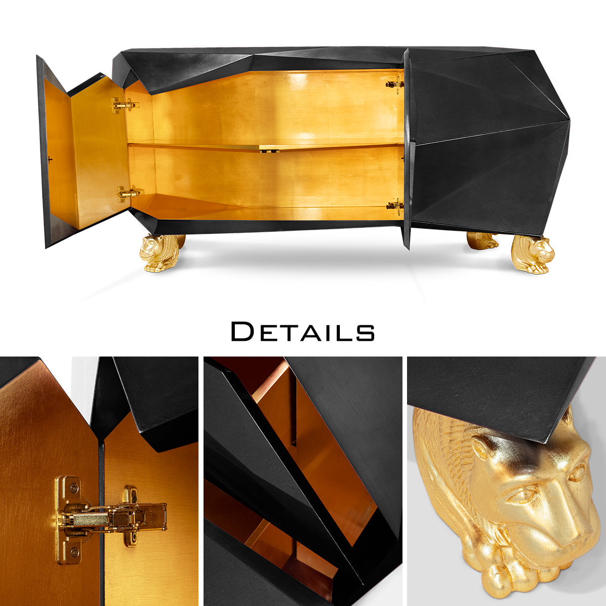 Luxury Diamond-Inspired Sideboard Cabinet with Black Gold Finish & Hidden Storage