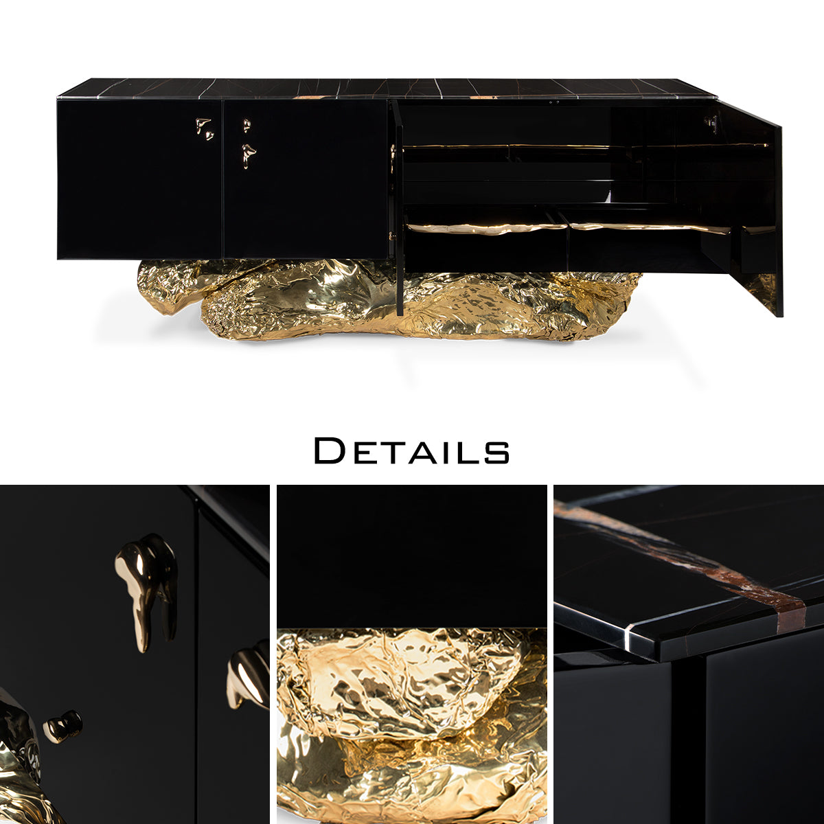 Luxury Gold Buffet Cabinet with Sculptural Metal Base & Hidden Storage