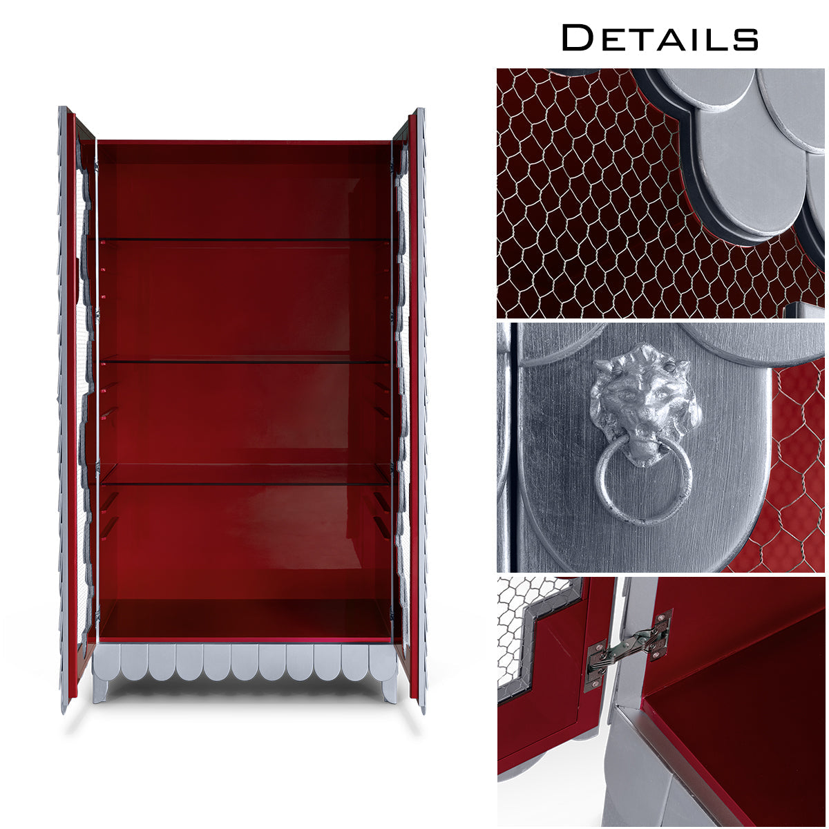 Luxury Display Cabinet with Silver Leaf Finish, Glass Shelves & Storage