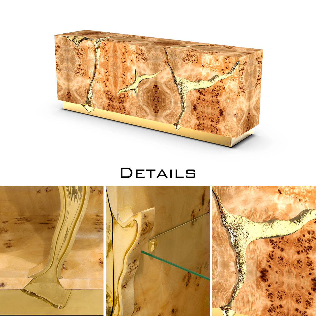 Luxury Black Gold Sideboard Cabinet with Sculptural Cracked Design
