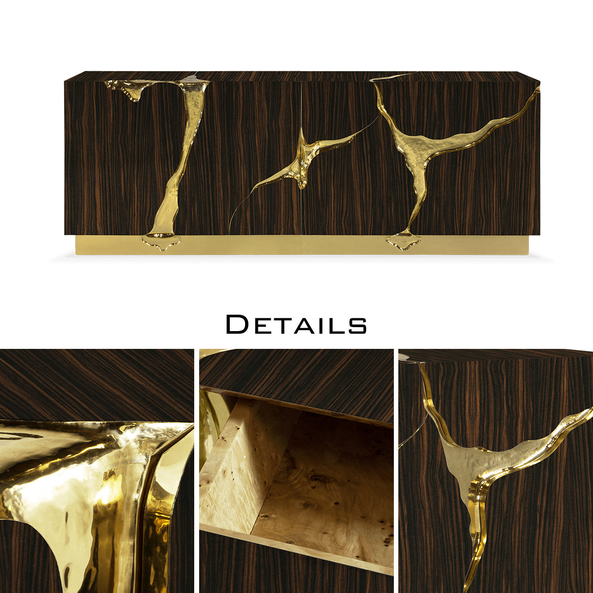 Luxury Black Gold Sideboard Cabinet with Sculptural Cracked Design