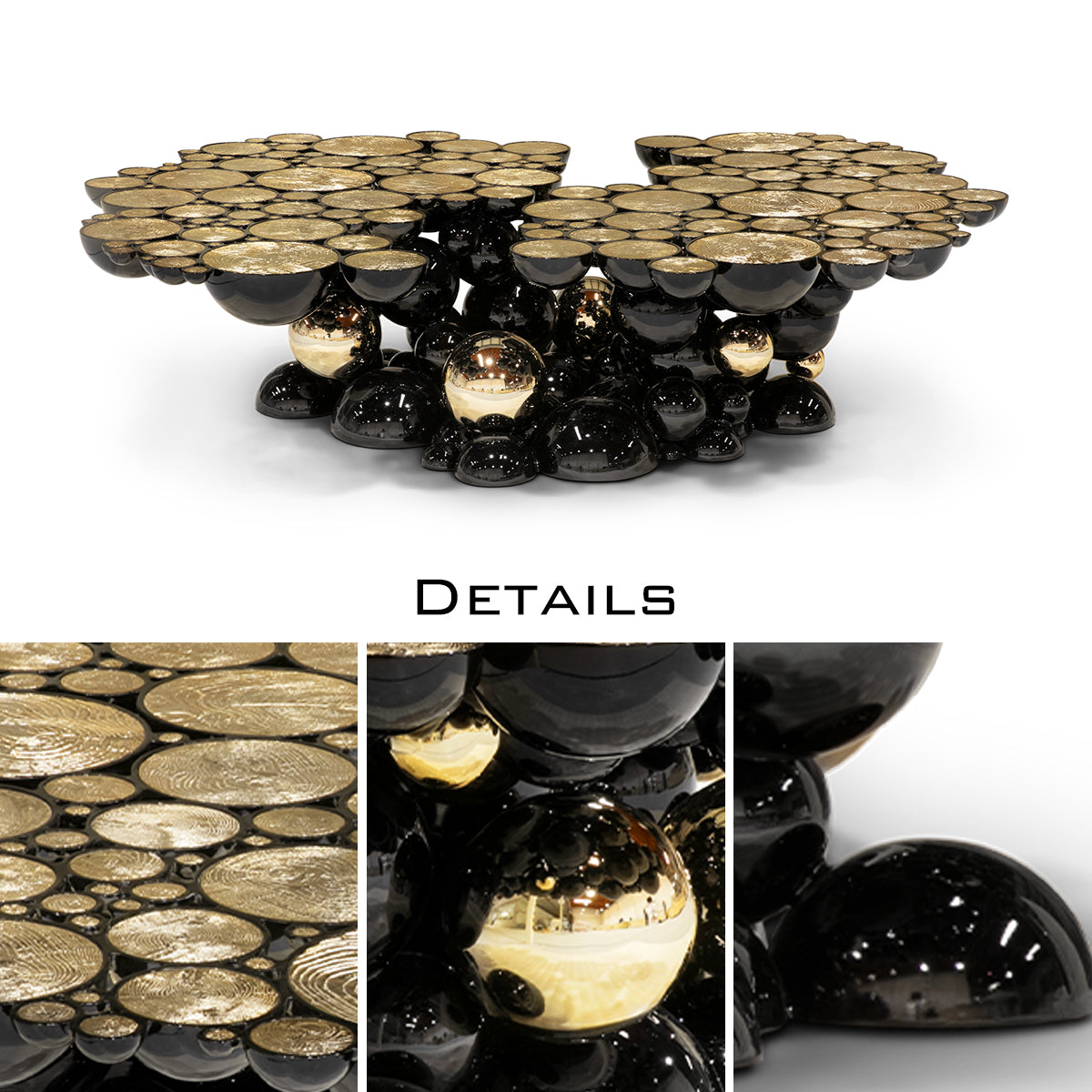 Luxury Sculptural Coffee Table with Gold Sphere Base & Black Glass Top