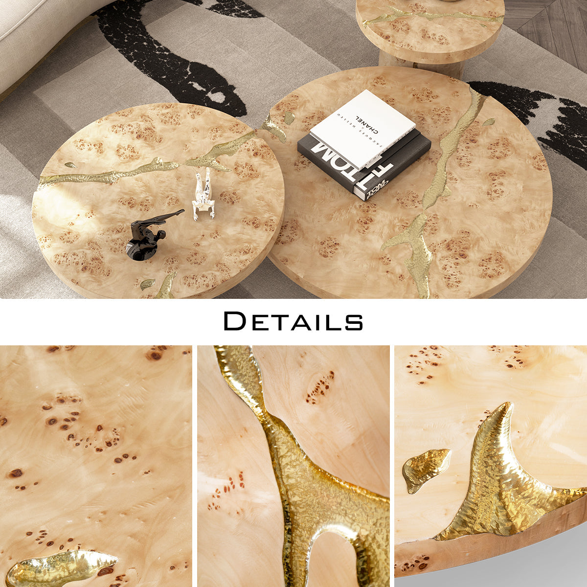 Luxury Gold Coffee Table with Round Glass Top & Sculptural Brass Base