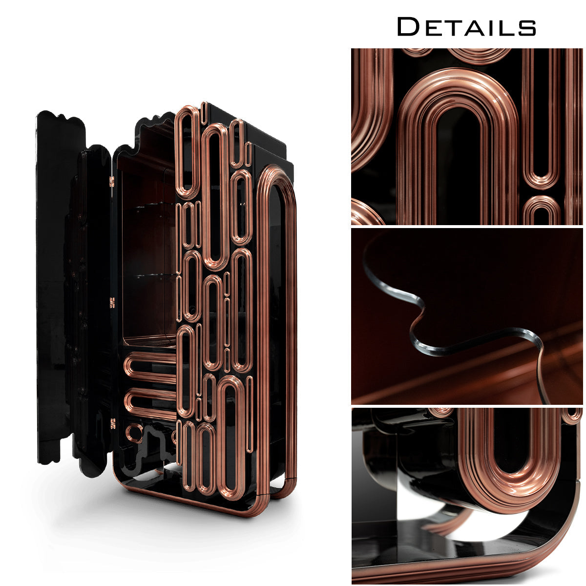 Luxury Bar Cabinet with Brass Tube Design, Glass Shelves & Hidden Storage
