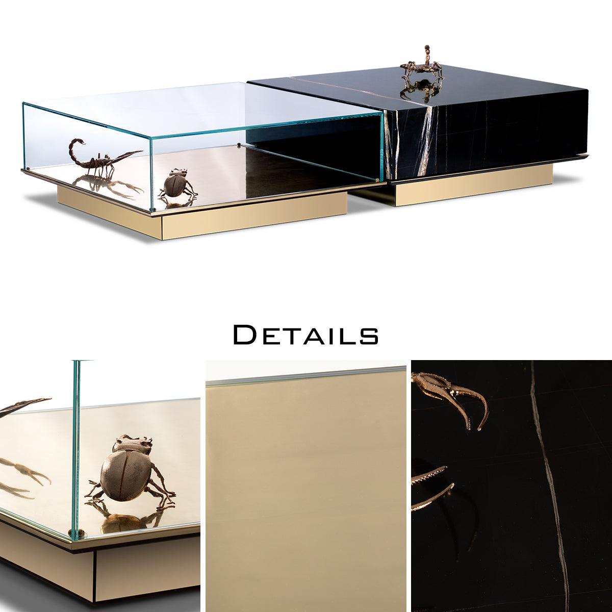 Luxury Coffee Table Set with Marble, Glass & Sculptural Gold Brass Design