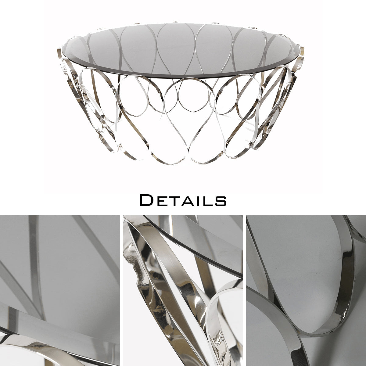 Luxury Round Coffee Table with Sculptural Brass Base, Smoked Glass Top & Modern Architectural Design