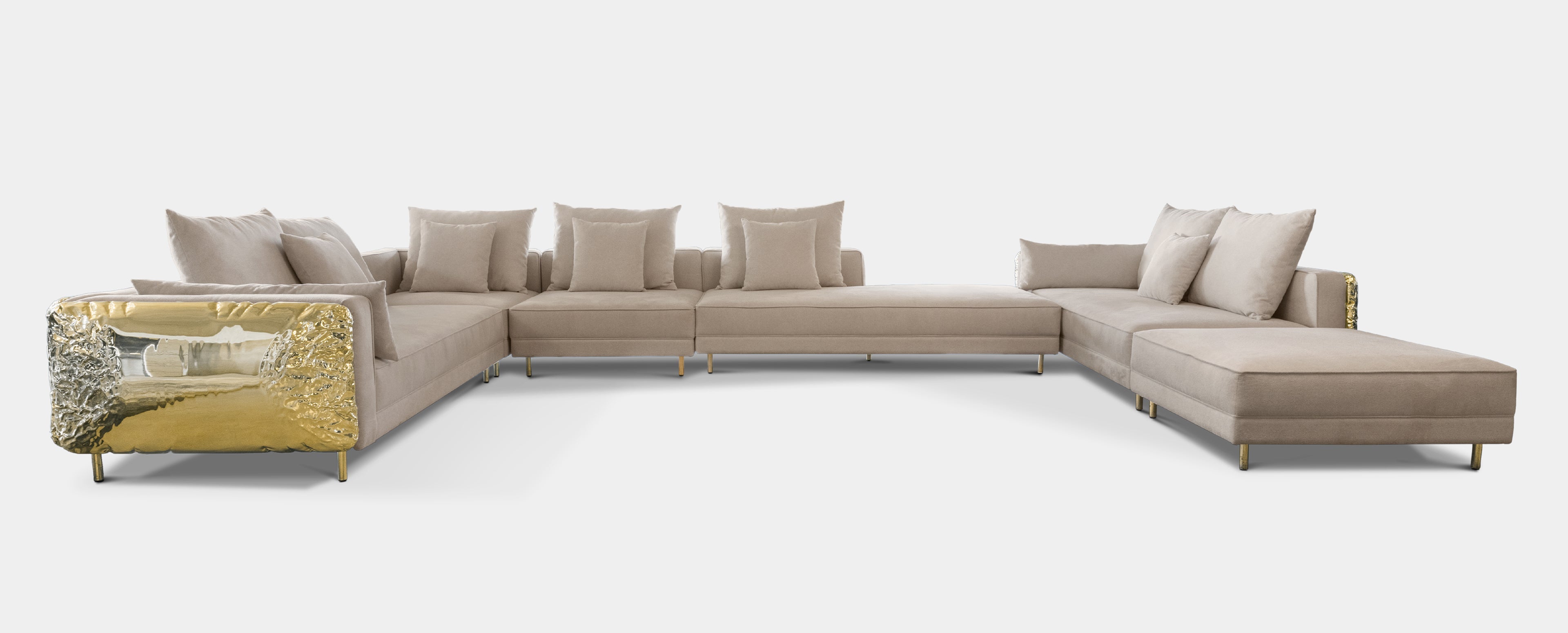 Luxury Imperfect Sculptural L-Shaped Modular Sofa with Ottoman & Polished Brass Design