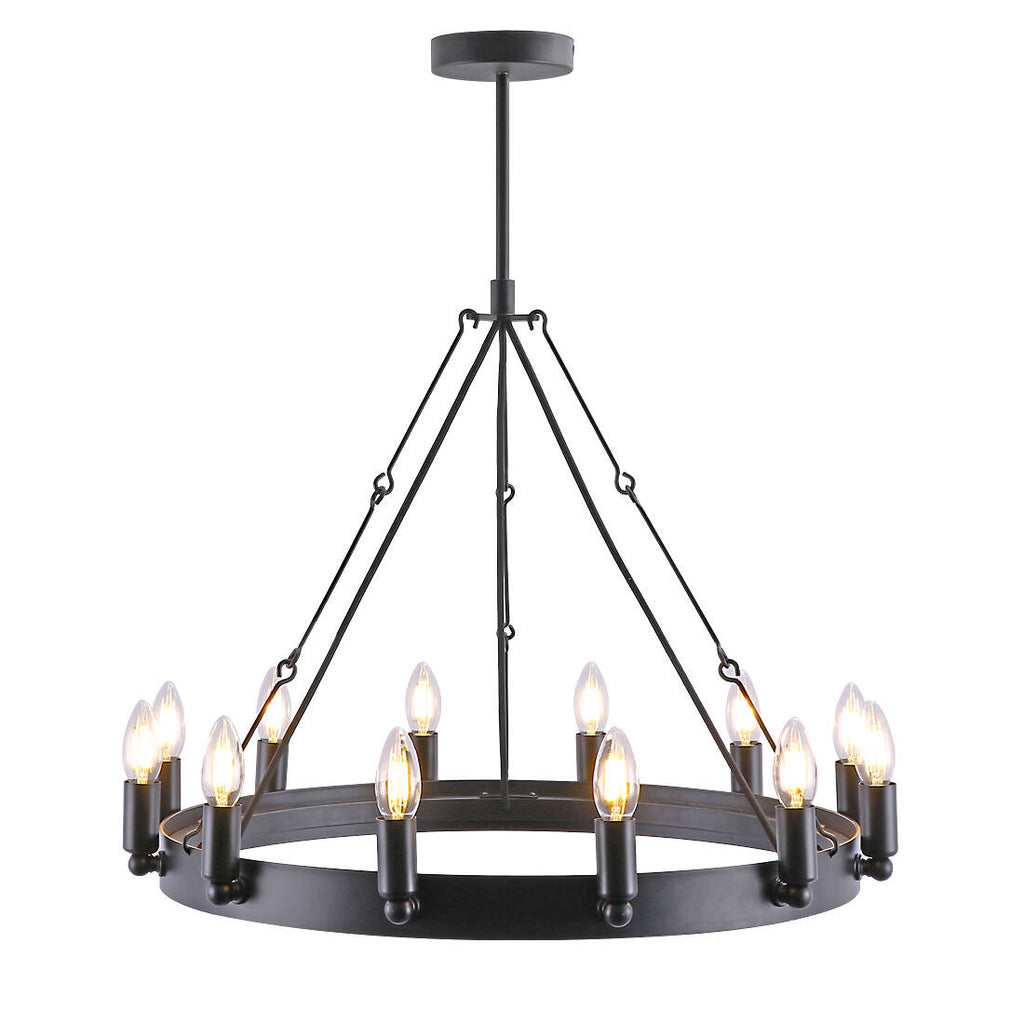 Rustic 25.6×25.6×19.7 inch Eight-Light Black Wrought Iron Chandelier with 39.4 inch Hanging Chain – Vintage Farmhouse Lighting Fixture