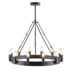 Lustre rustique à huit lumières en fer forgé noir (65 x 65 x 50 cm) avec chaîne de suspension de 100 cm – Luminaire de style ferme vintage