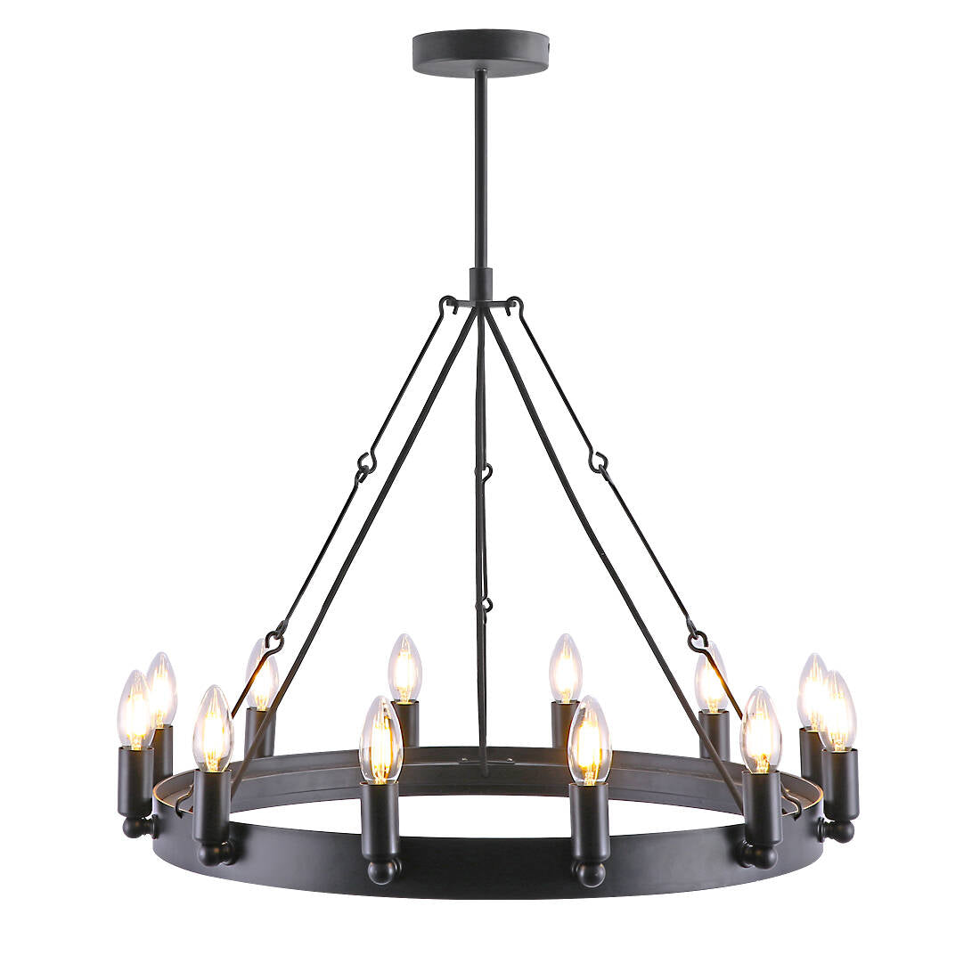 Rustic 25.6×25.6×19.7 inch Eight-Light Black Wrought Iron Chandelier with 39.4 inch Hanging Chain – Vintage Farmhouse Lighting Fixture