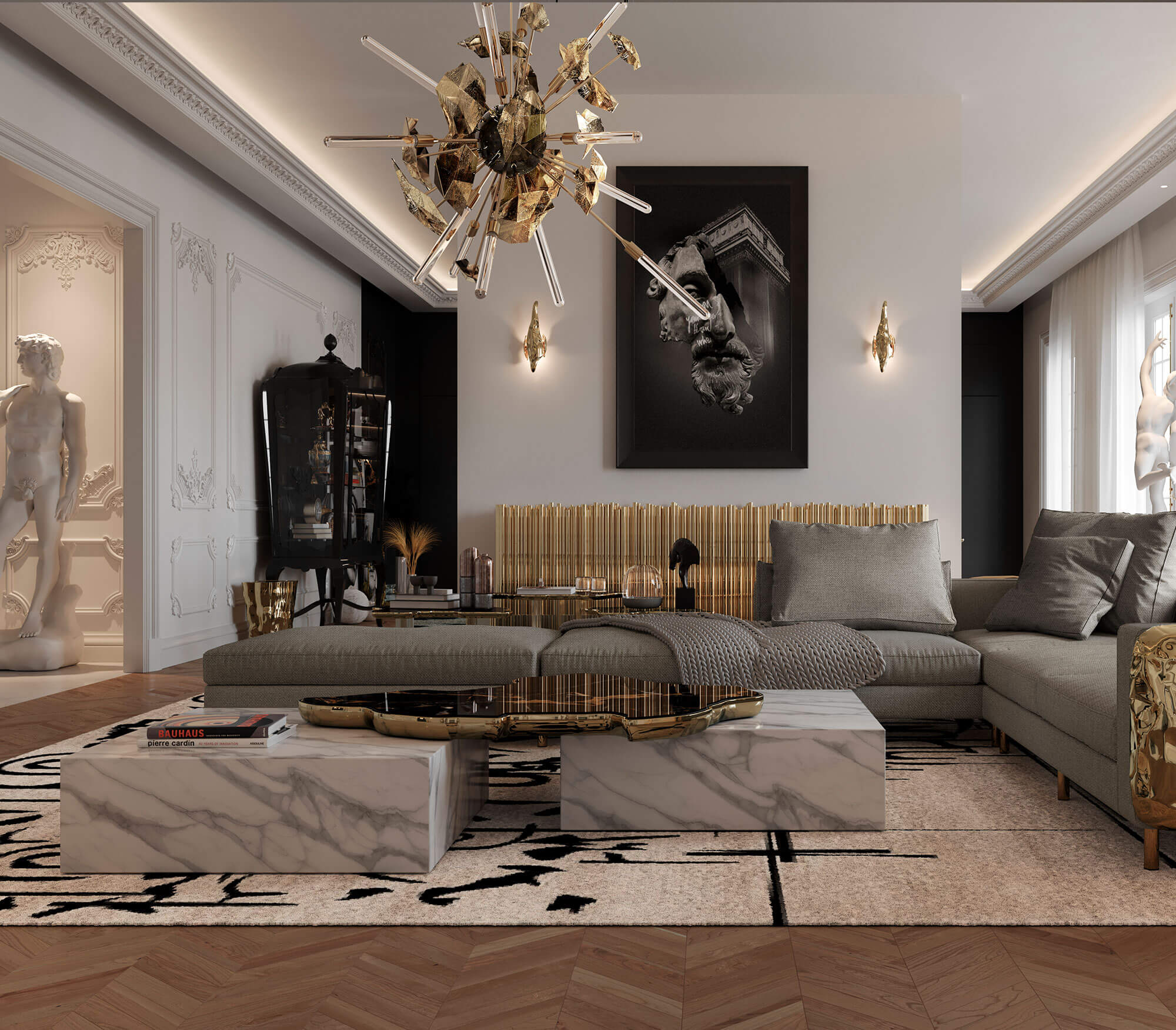 Luxury Black & White Coffee Table with Sculptural Design & High Gloss Finish