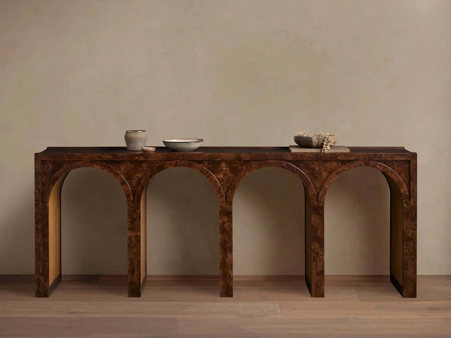 Hattie Wood Console Entryway Table with Natural Burl Veneers Arch Design Hallway Entrance Table