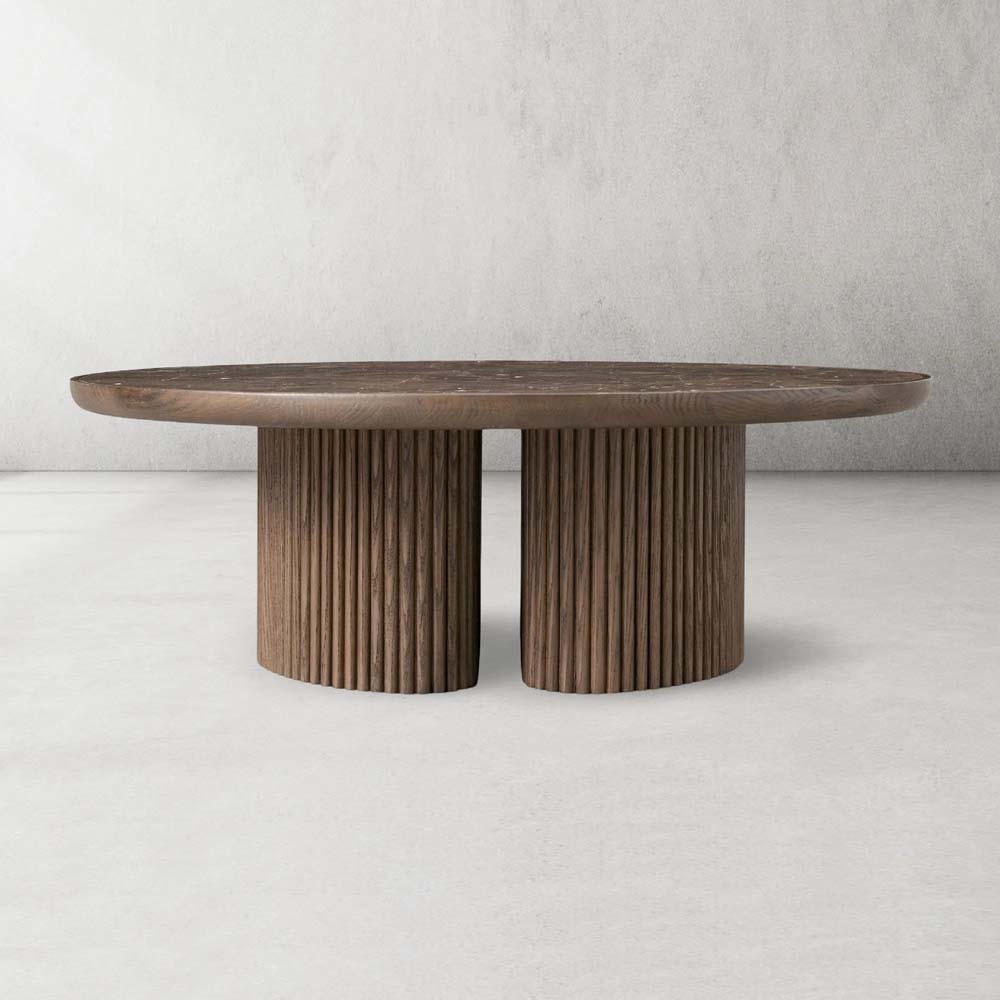 Astor Round Coffee Table Marble Top Oak Wood Base Sofa Center Tea Table