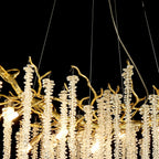 Lustre de salle à manger moderne en cristal et branches d'arbre, d'une longueur de 48 à 72 pouces.