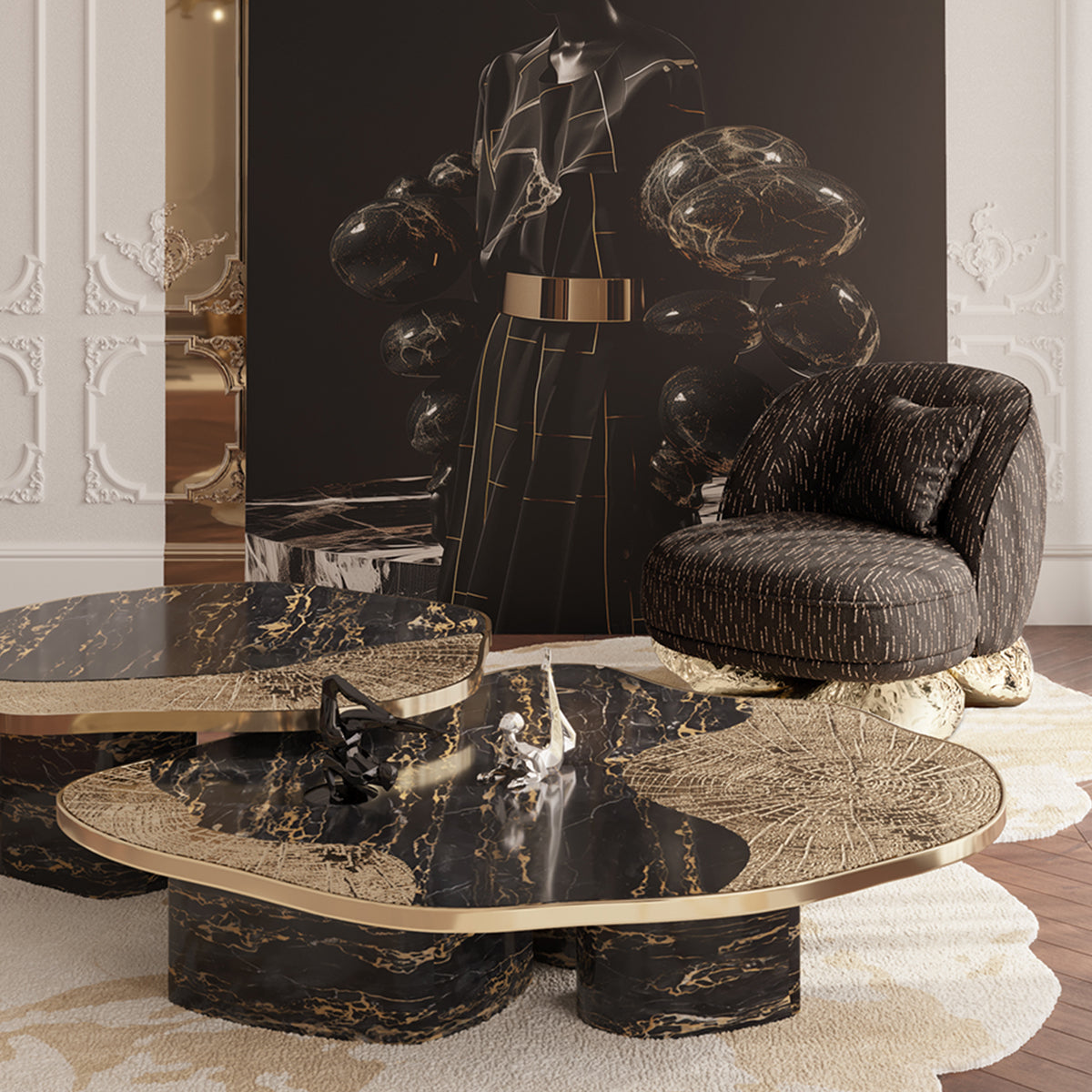 Luxury Sculptural Armchair with Polished Hammered Brass Base & Organic Curved Design