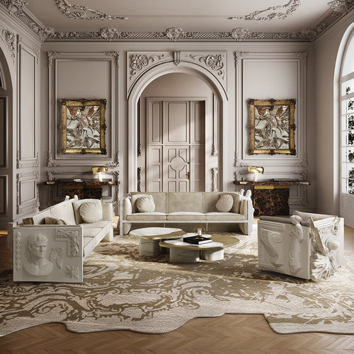 Luxury Versailles Inspired Sofa with Sculpted Resin Wood Frame, Velvet Pillows & Acrylic Legs
