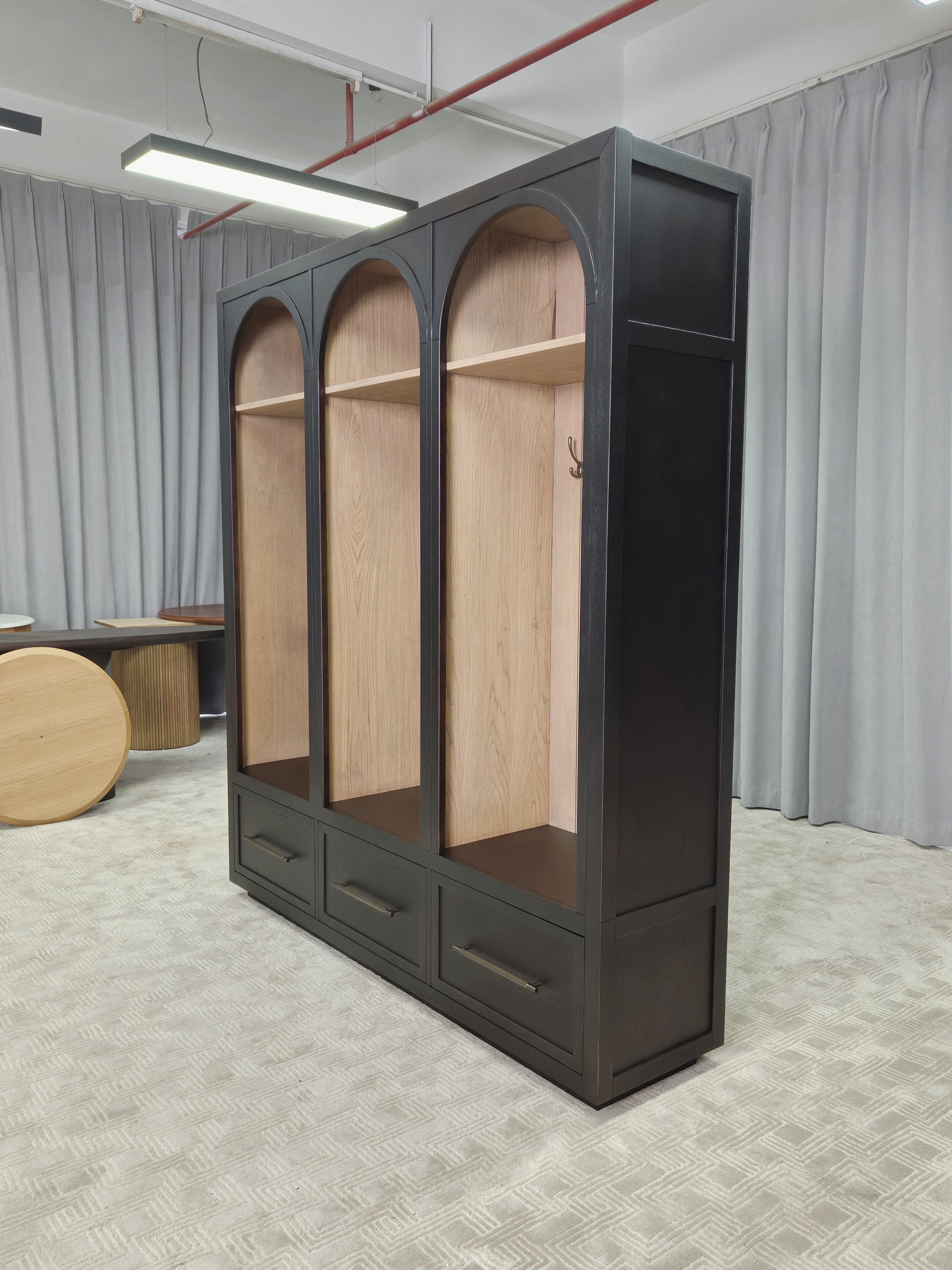 Hattie Solid Oak Wood Entryway Cabinet Tall Storage Cabinet with Hooks & Drawers
