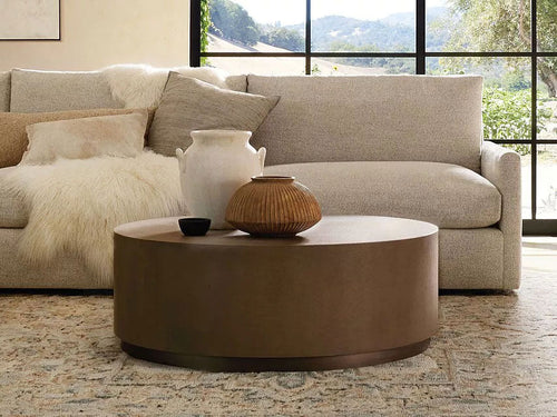 Malone Round Plinth Coffee Table with Leather Textured Tabletop & Steel Base Cocktail Table Living Room Center Tea Table Modern Style