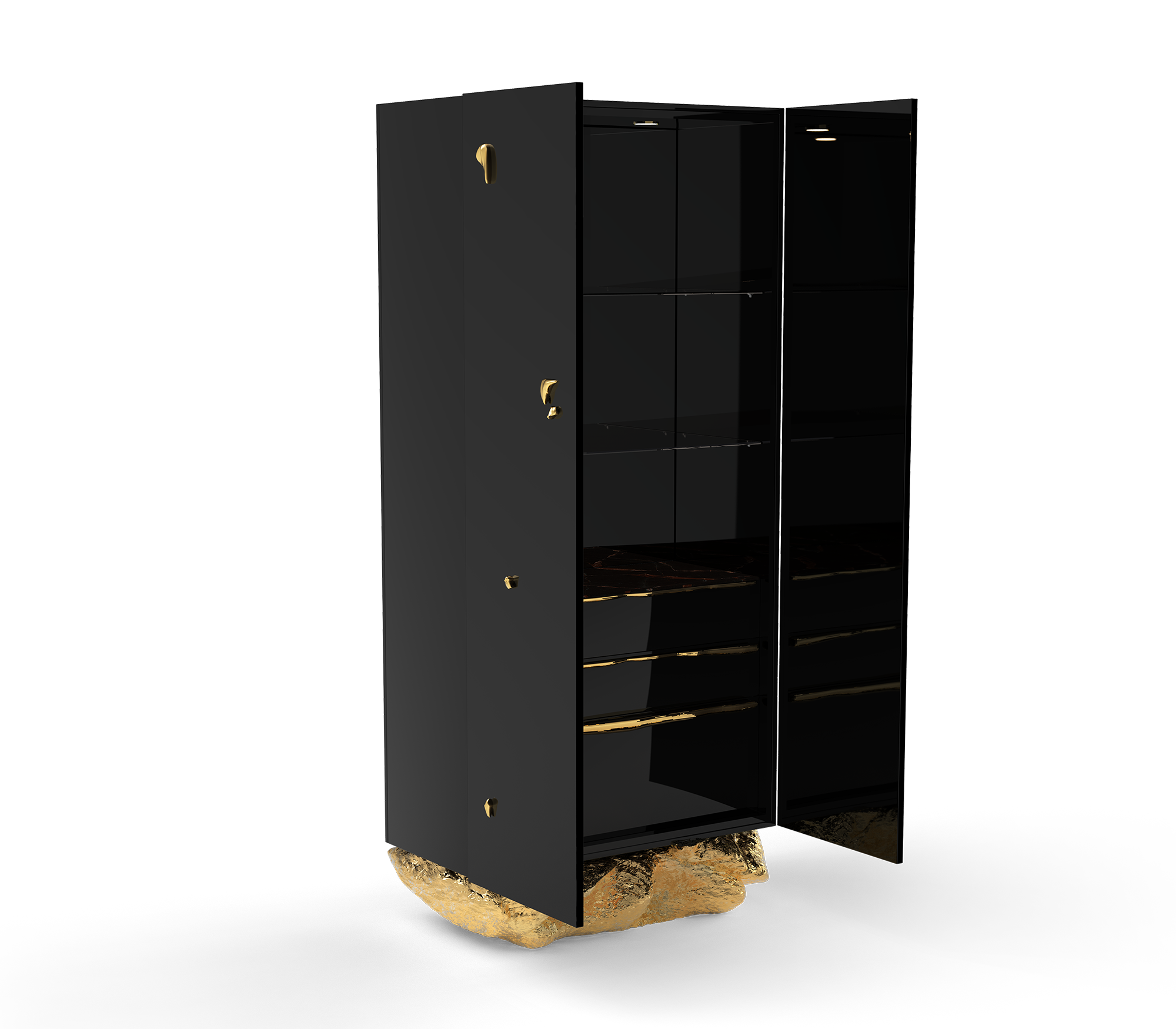Luxury Marble Curio Cabinet with Brass Base, Glass Display Shelves & Hidden Storage