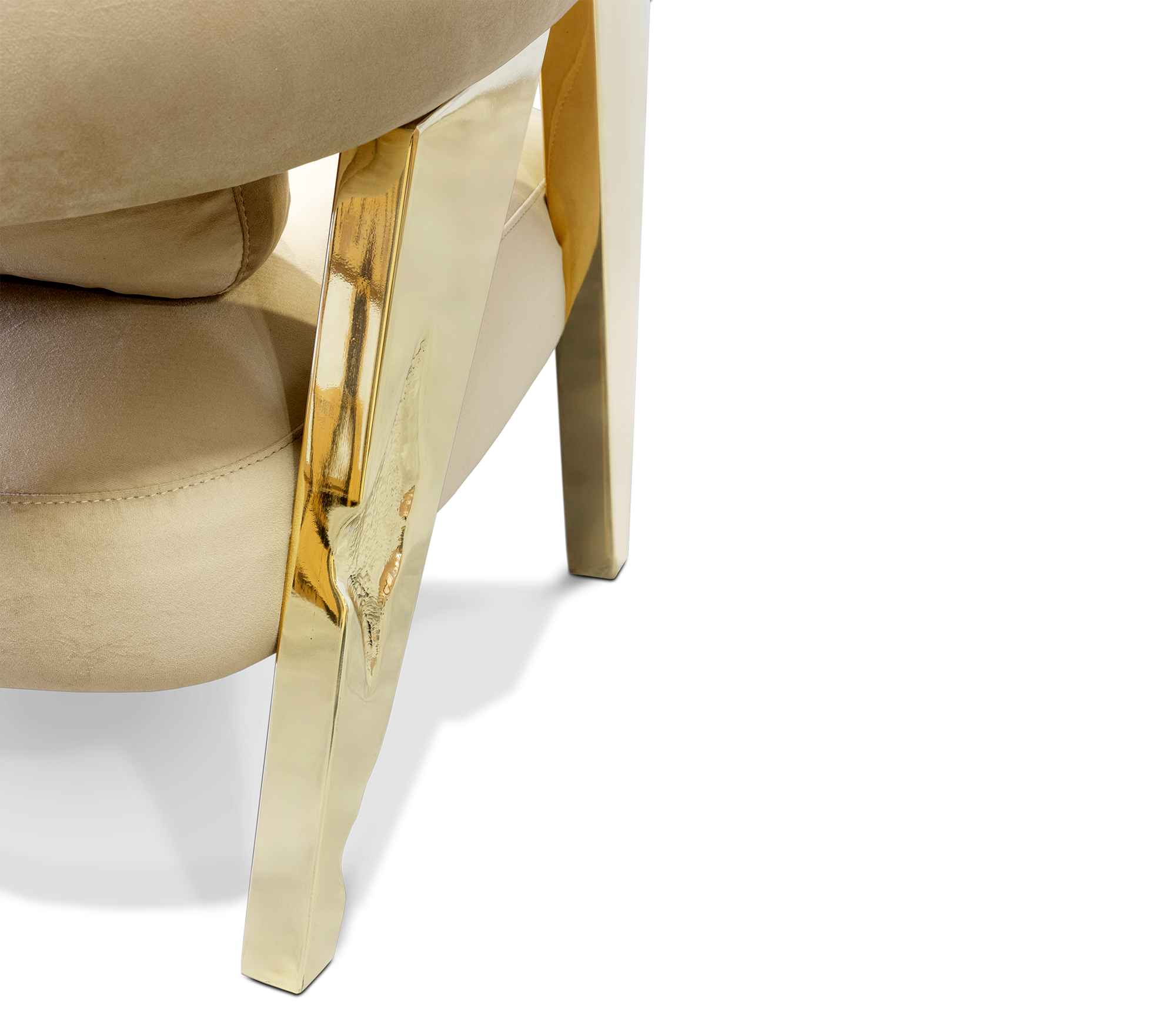 Luxury Sculptural Armchair with Polished Hammered Brass Legs & Curved Upholstery Design