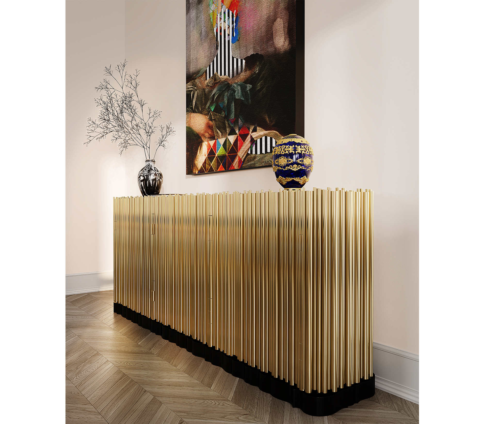 Luxury Brass Sideboard Cabinet with Sculptural Doors & Hidden Storage